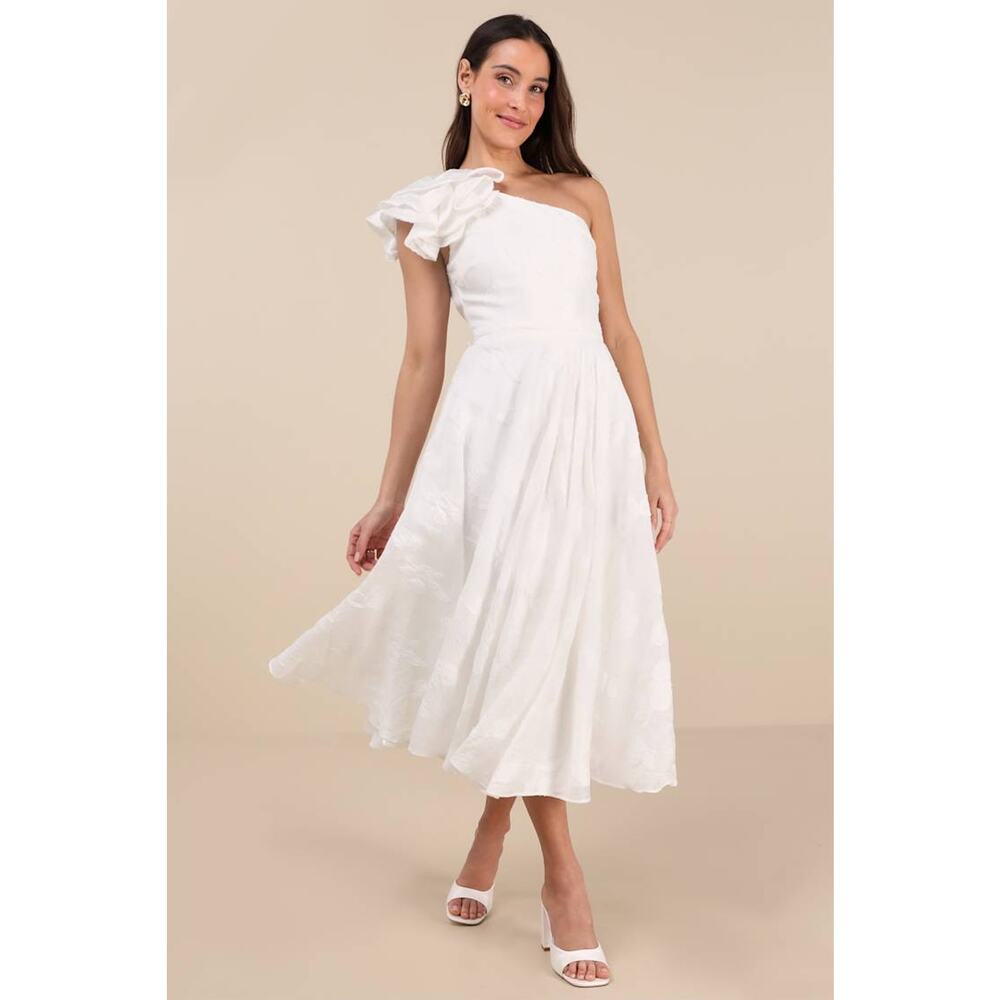 NWT Lulus Sweet Definition White Burnout Ruffled One-Shoulder Midi Dress Size XL